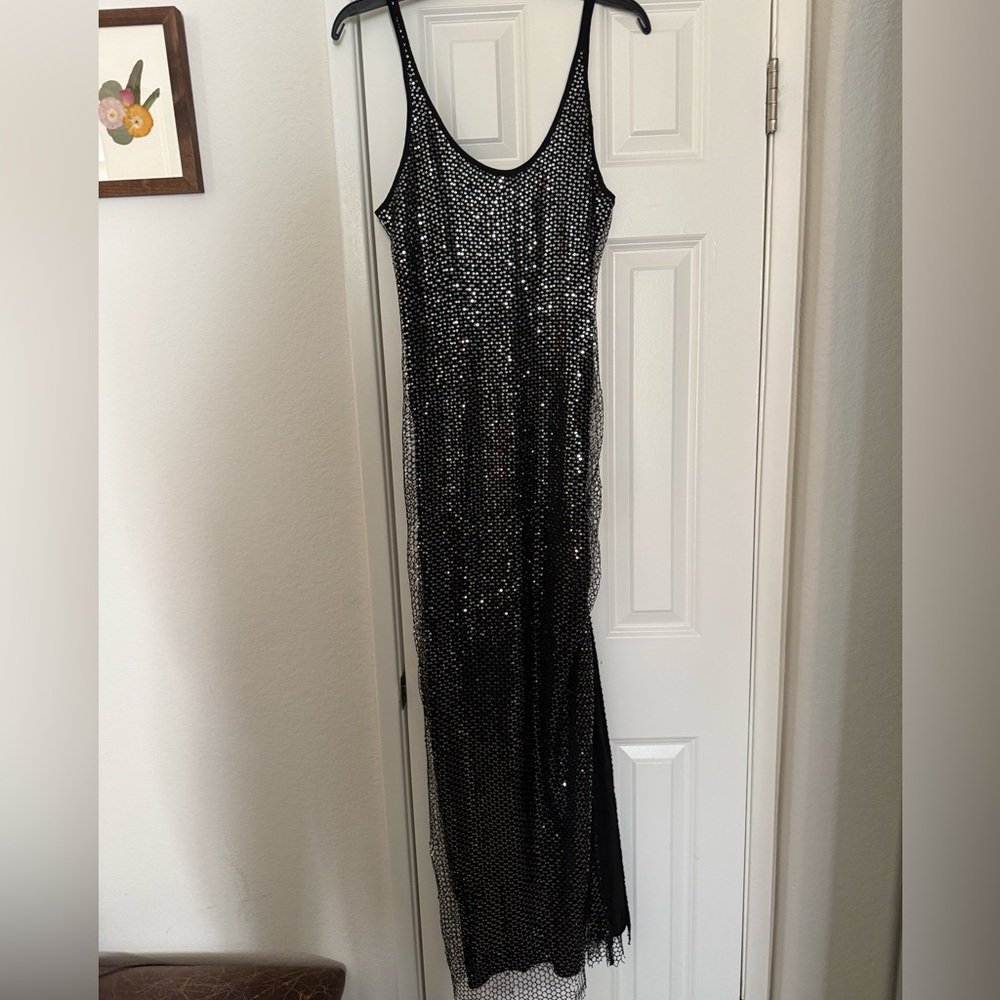 NWT Rag & Bone Marcie Black Silk Sequin Mesh Overlay Long Maxi Dress Small $550